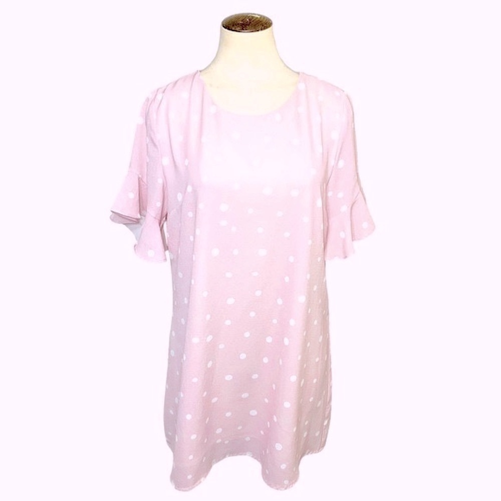 AVA Festival Pink White Polka Dots Crepe Mini Dress Ruffle Short Sleeves Sz M/L